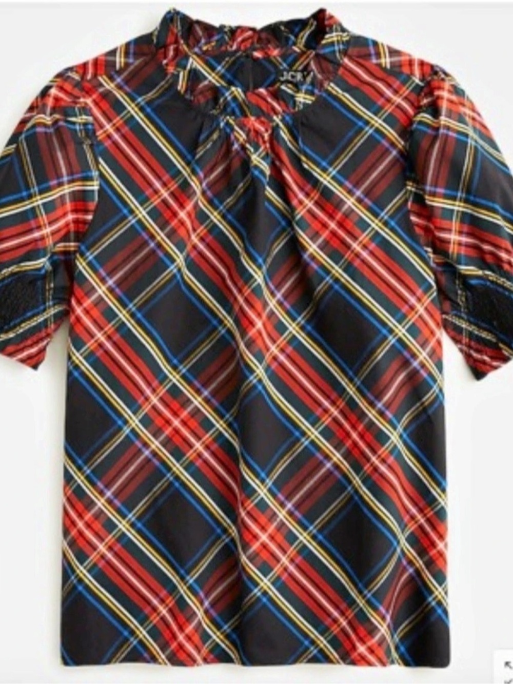 J. Crew plaid holiday short sleeve smocked high neck cotton cuffed blouse small